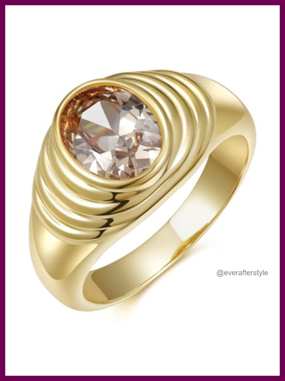 18k Gold Plated Oval Cubic Zirconia Ribbed Dome Signet Ring
